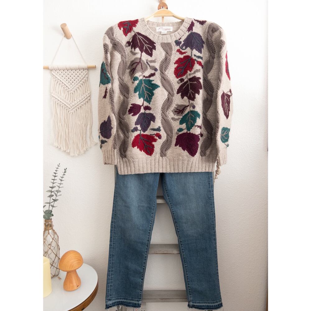 Norm Thompson Beige Cable Knit Sweater with Red, Teal, Plum Leaf Motif